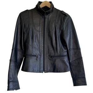 Kenneth Cole Reaction Genuine Leather Moto Jacket Black Size M Fitted Zip Up